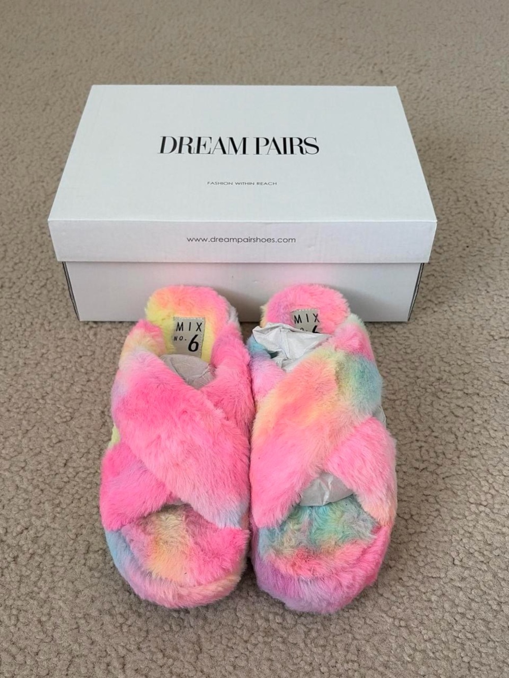 Dream Pairs Multicolor Pink Plush Crossover Slippers